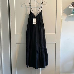 Embroidered Poplin Black Strap Dress, Zara - Medium (New with Tags)